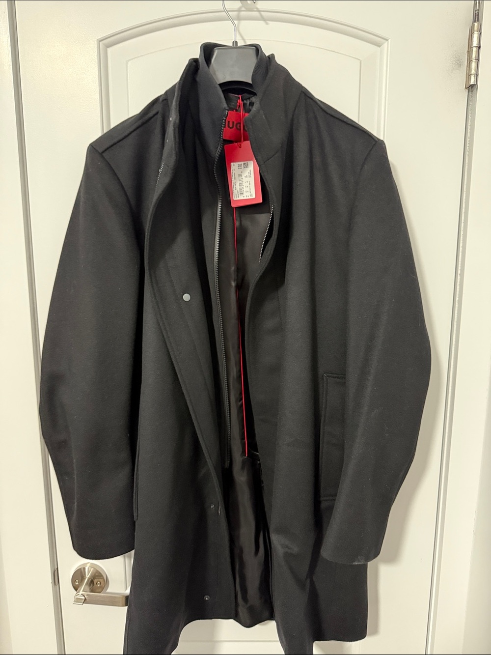 Hugo Boss Men's Black Wool Pea Coat with Red Trim